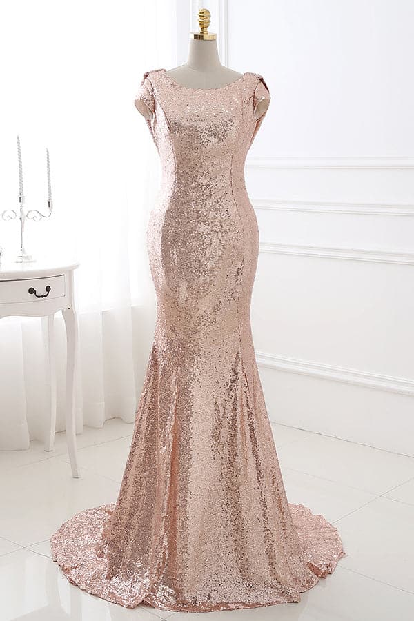 Roségoldenes Brautjungfernkleid mit Pailletten und Wasserfallausschnitt, SCB50