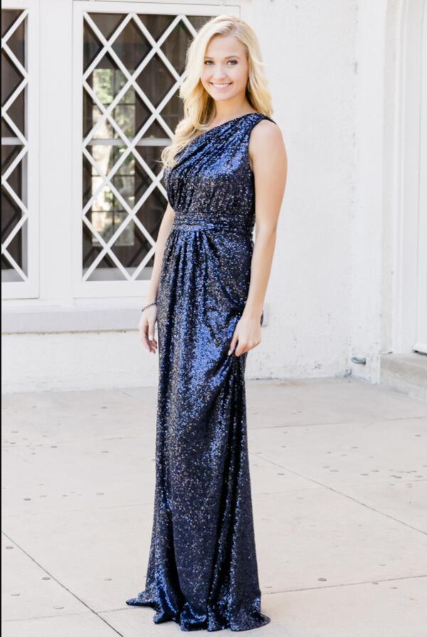 Rose Gold Sparkly Bridesmaid Dresses Sequins Lace One Shoulder BD096