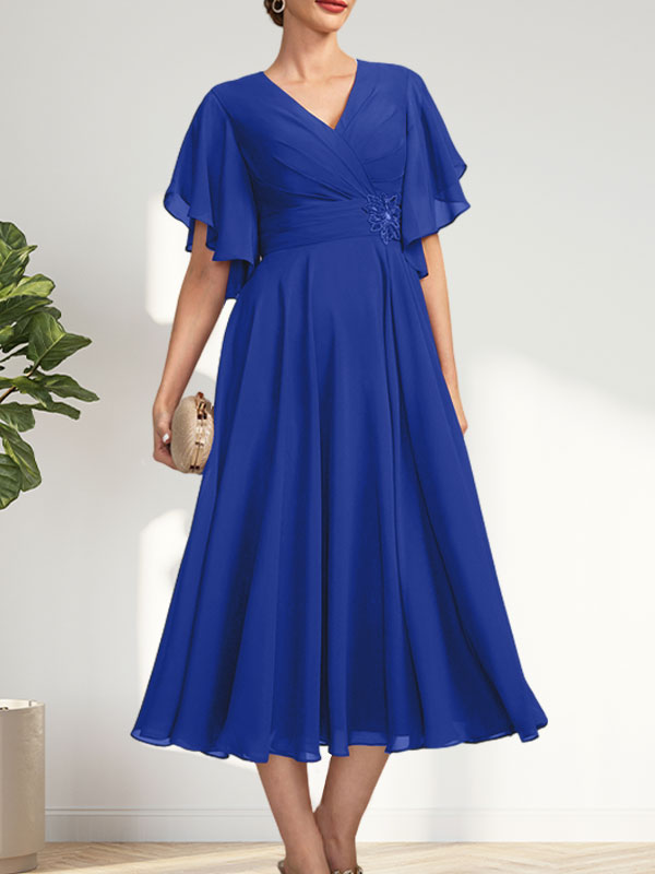 A-line V-Neck Tea-Length Chiffon Mother of the Bride Dress With Pleated Beading