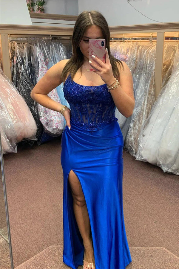 Royal Blue Lace-Up Mermaid Satin Long Prom Dress with Slit