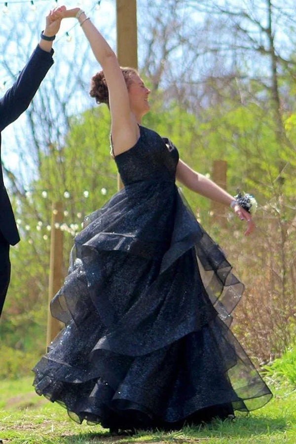 Königsblaues, glitzerndes, mehrlagiges Ballkleid aus Tüll mit V-Ausschnitt, PSK510