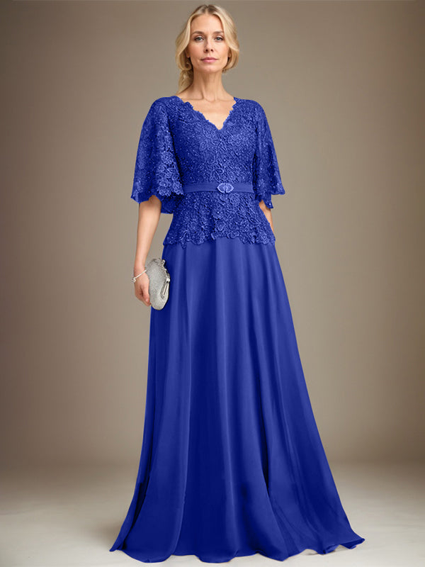 A-Linie V-Ausschnitt Bodenlanges Chiffon-Spitzenkleid für die Brautmutter mit Kristallbrosche und Strass
