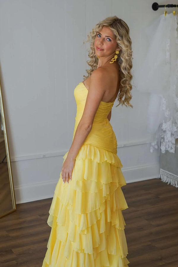 Ruched Ruffle Fitted Yellow Long Prom Dress with Slit PSK576
