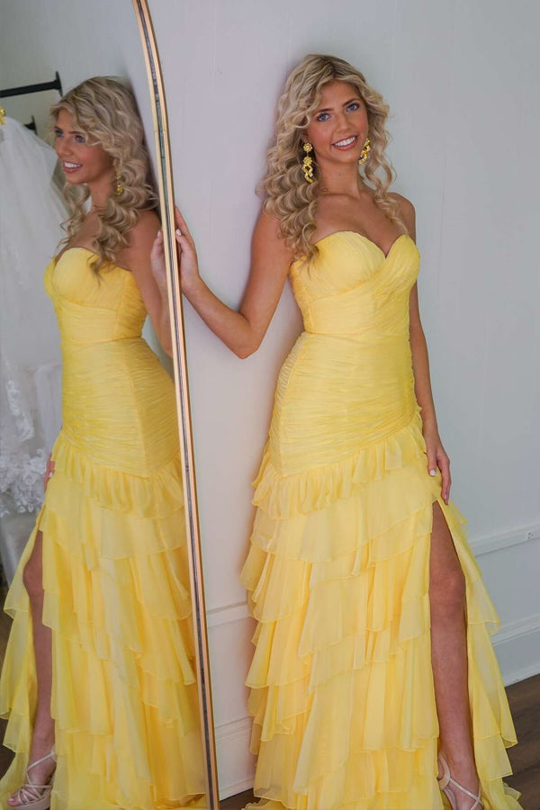 Ruched Ruffle Fitted Yellow Long Prom Dress with Slit PSK576