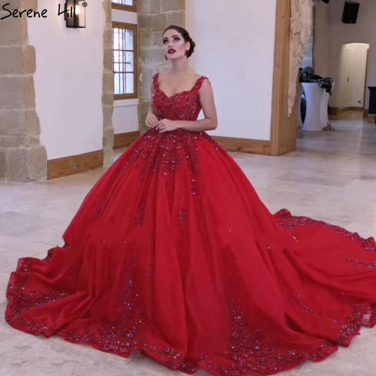 Ruhigen Hill Red Ärmellose Sexy Hochzeit Kleider 2025 Dubai Perlas de gama alta Perlen Braut Kleid HA2440 Nach Maß