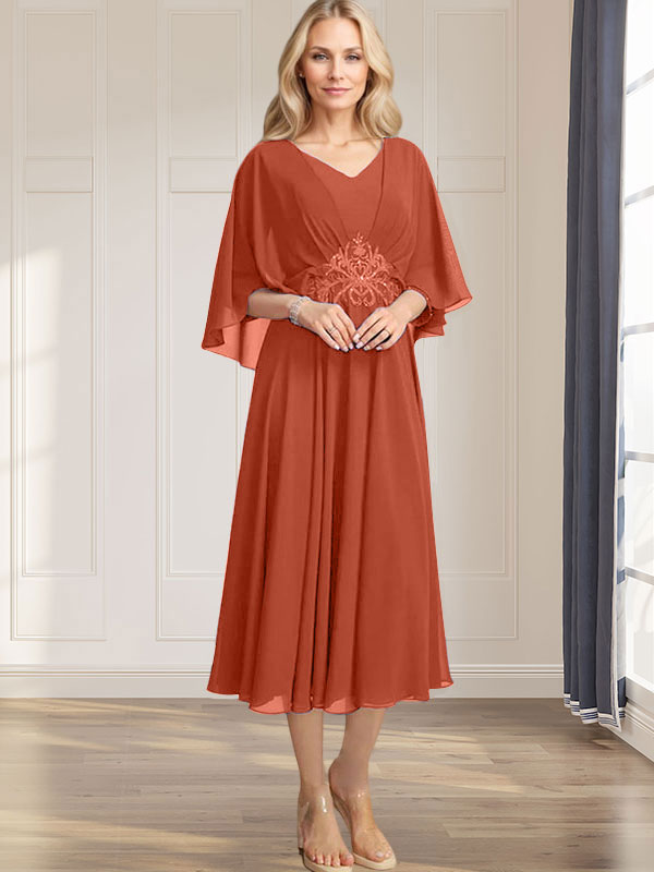 A-Linie V-Ausschnitt Wadenlanges Chiffonkleid für die Brautmutter mit plissierten Paillettenapplikationen Spitzenbesatz