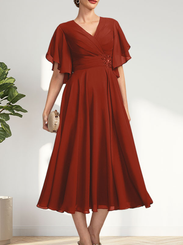A-line V-Neck Tea-Length Chiffon Mother of the Bride Dress With Pleated Beading
