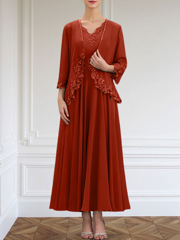 A-line V-Neck Ankle-Length Chiffon Mother of the Bride Dress With Sequins Appliques Lace Beading