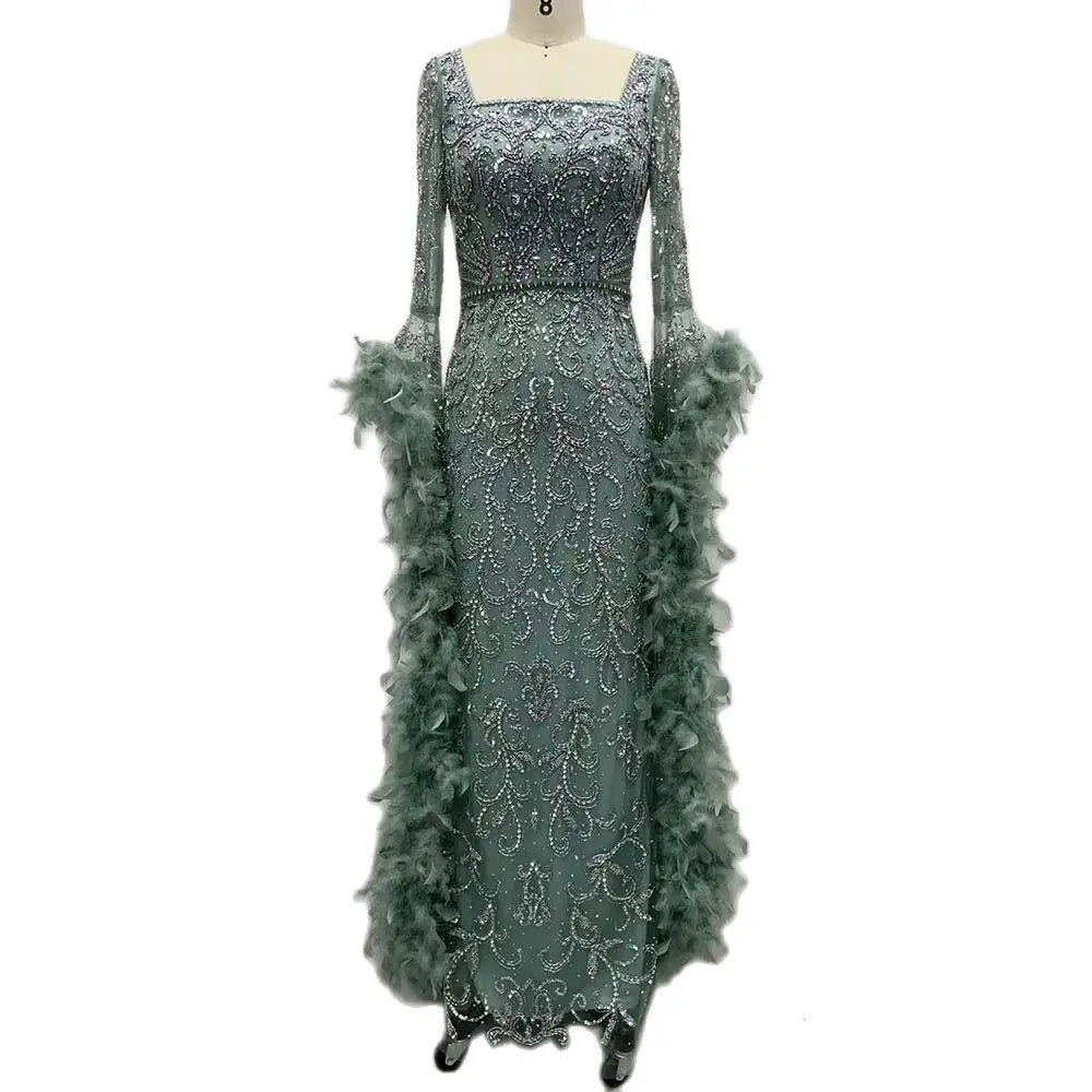 Vestidos de noche de lujo con mangas acampanadas, corte sirena, turquesa, con cuentas y plumas, para ocasiones formales 2025 LA72767