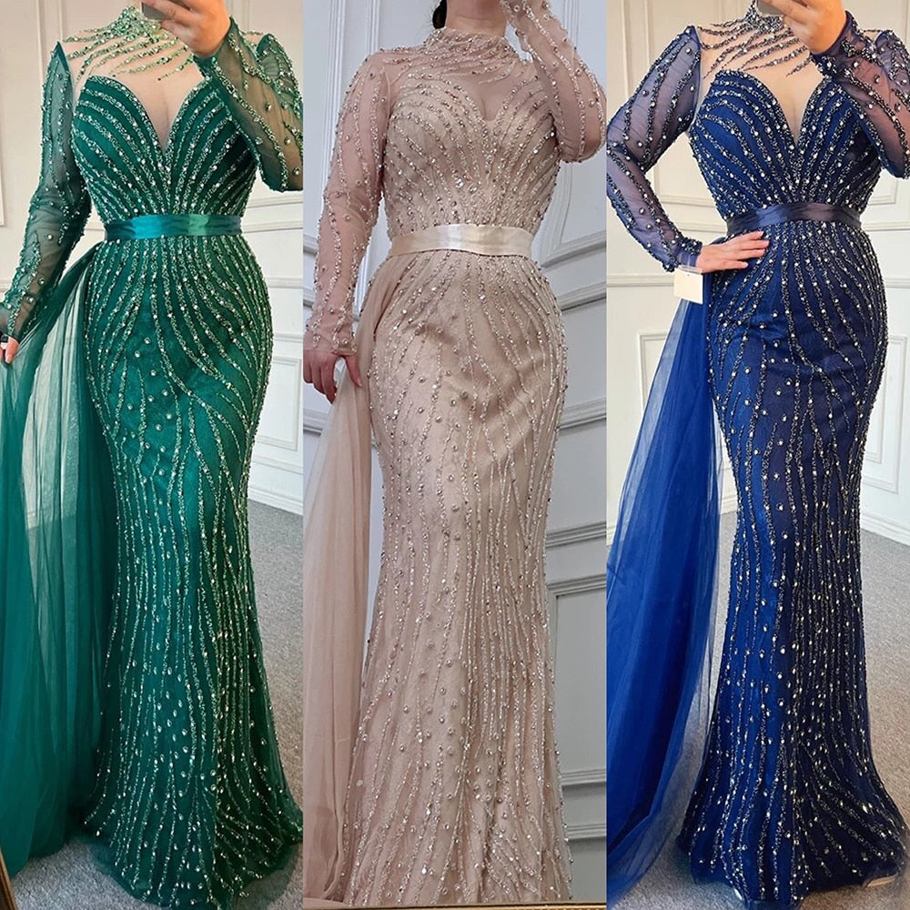 Muslim Ivory With Skirt Mermaid Elegant O Neck Luxury Beaded Evening Dresses Gowns 2025 For Women Party LA71767