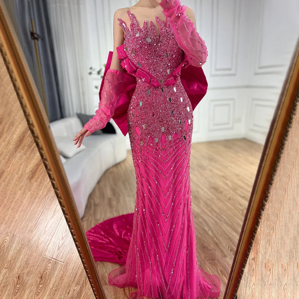 Elegante vestido de noche fucsia con cuentas y perlas estilo sirena, 2025, vestidos formales de lujo de Dubái para mujer, fiesta 2025, LA72263
