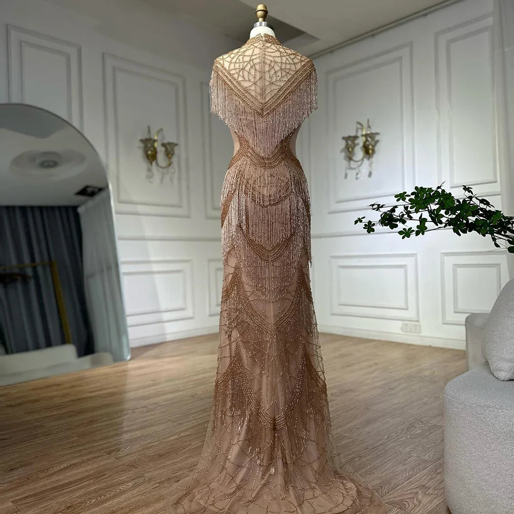 Grau Meerjungfrau Luxus Abendkleider Kleider Flügelärmeln Perlen Quaste Sexy Für Frauen Party 2025 LA70529