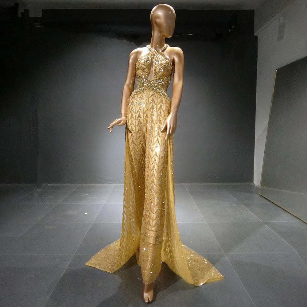 Gold Luxus Overall Abendkleider Kleider 2025 Perlen Sexy Überrock Für Frauen Party LA71505