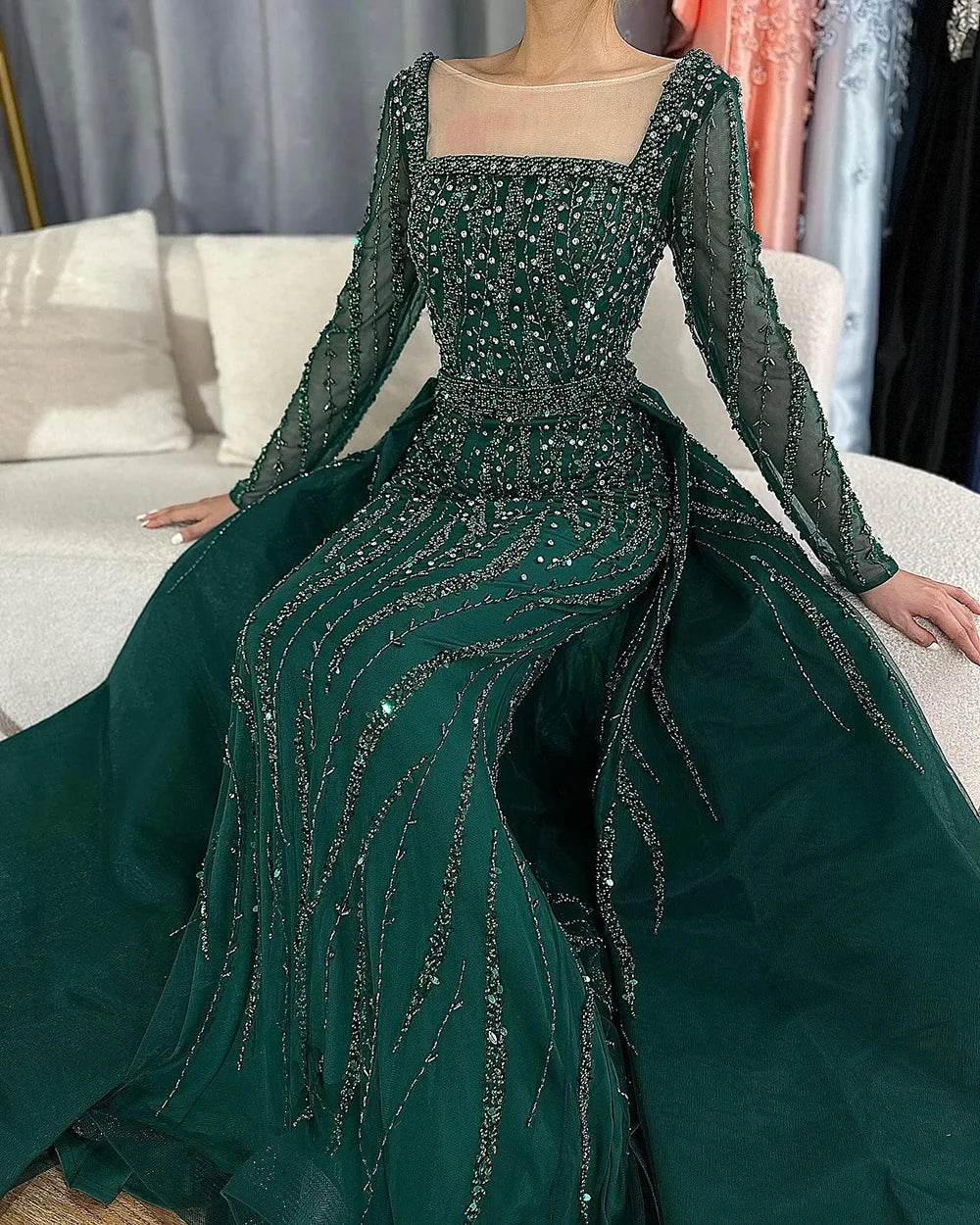 Vestidos de noche árabes de sirena con sobrefalda y cuentas, de lujo, para ocasiones formales, LA72710
