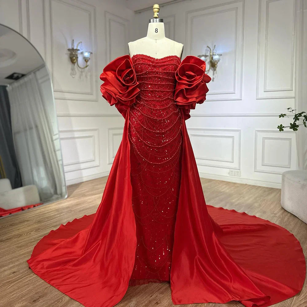 Vestido de noche largo estilo sirena con perlas y capa roja, ideal para ocasiones formales (2025, LA72585A)