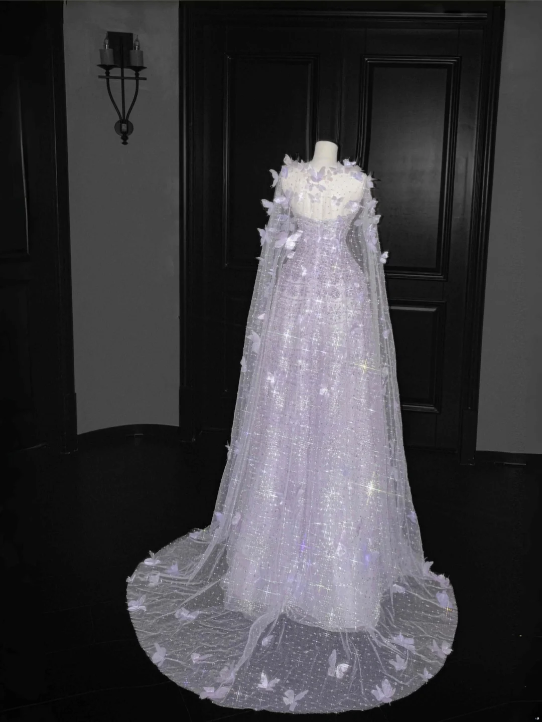 Vestido de noche formal de tul lila con apliques de cuentas, corte A, Y8657