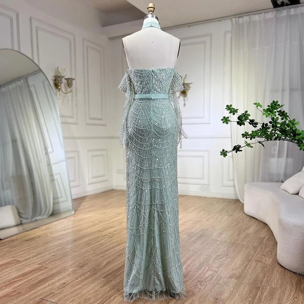 Vestidos de noche de lujo de Dubái Arabia 2025 para mujer, corte sirena color piel con guantes para bodas LA72032A