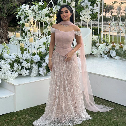 Vestido de noche de corte A con hombros descubiertos, cuentas y corsé LA72922
