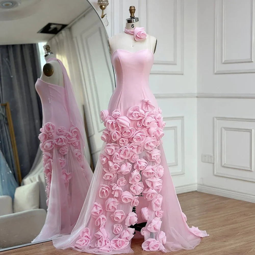 Elegantes Abendkleid für Mädchen, arabisch-rosa, 3D-Blumen, elegantes schulterfreies Kleid, seitlicher Schlitz, Abschlussball-Partykleider LA72568