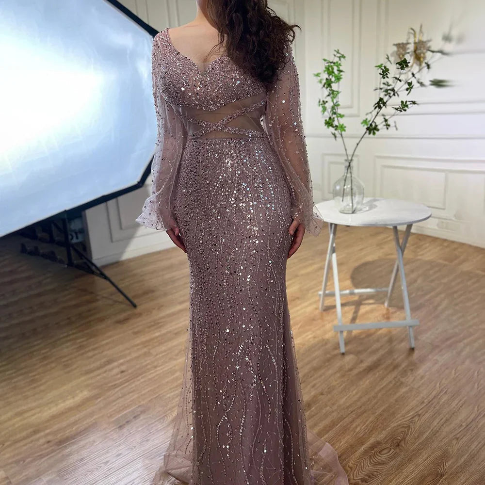 Sexy Mint Mermaid Elegante V-ausschnitt Perlen Luxus Arabisch Shiny Abendkleider Kleider Für Frauen Party 2025 LA71784