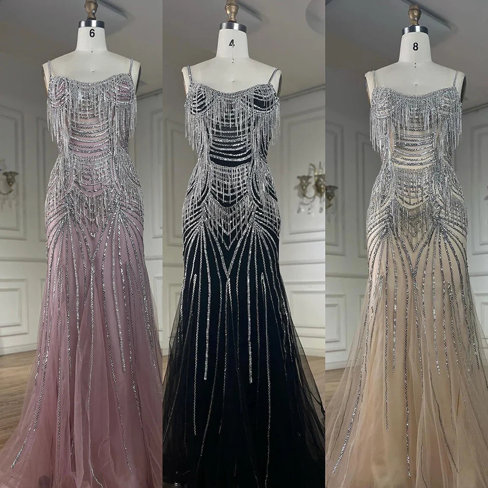 2025 Silver Nude Spaghetti Strap Mermaid Evening Dress Gown with Luxury Beaded Tassels for Formal Occasion LA72772