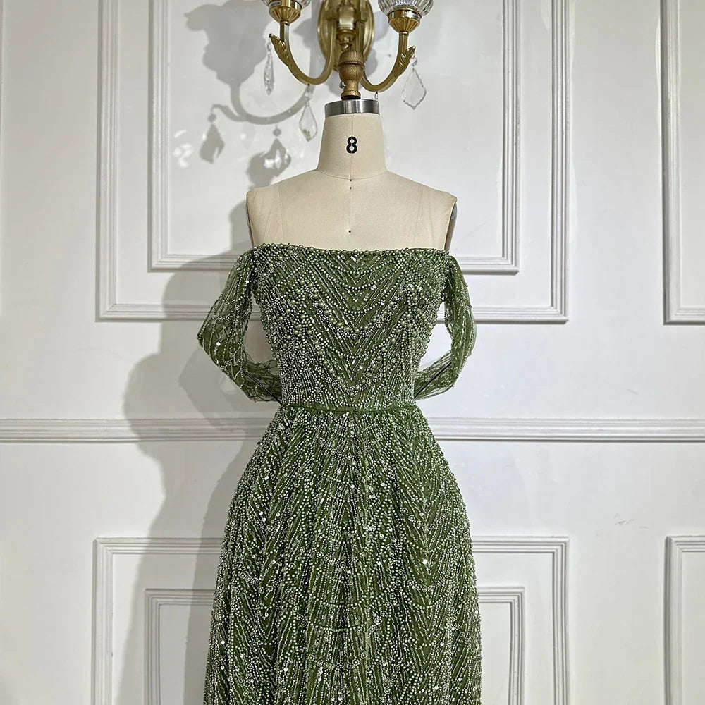 2025 Saudi Nude A Line Off Shoulder Evening Gown with Pearl Beaded Design for Formal Occasion LA72738A