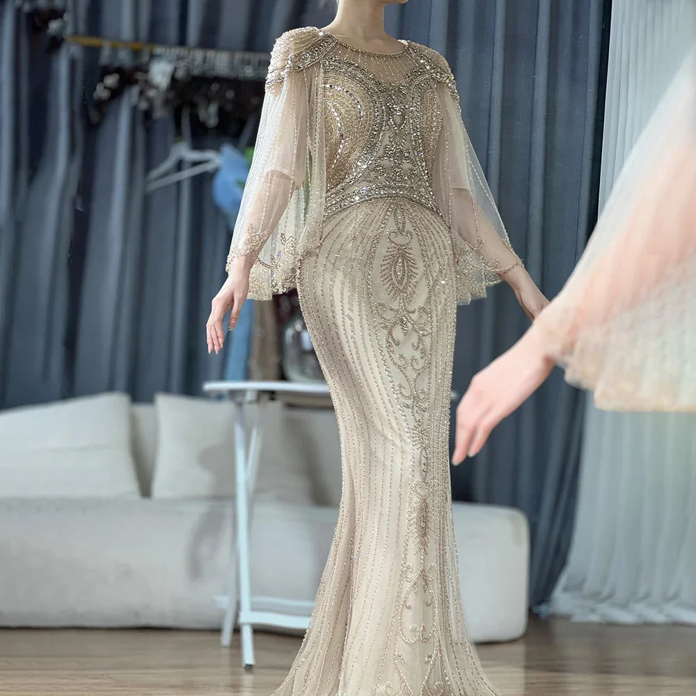 2025 Arabisch Gold Elegante Meerjungfrau Perlen Lange Abendkleider Kleider für Formelle Anlässe LA72749