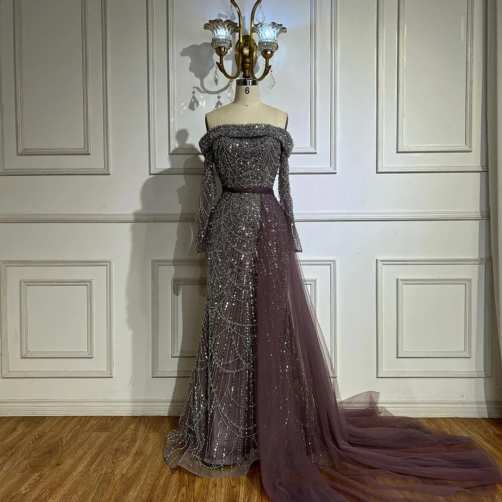 Vestido de noche sirena azul claro con hombros descubiertos y sobrefalda desmontable, Dubái LA72254