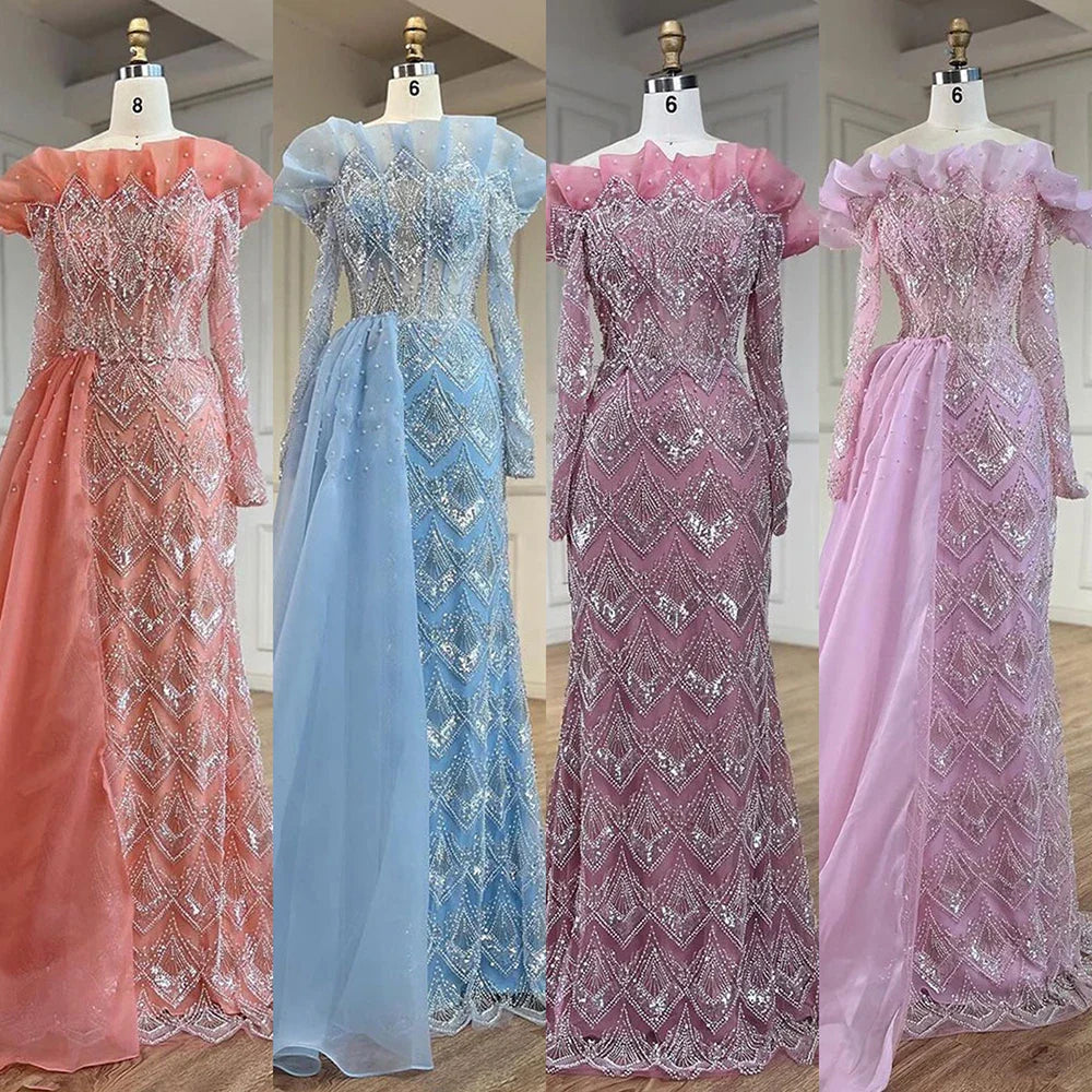 Elegante vestido de noche de lujo con escote sirena árabe en naranja y perlas para mujer, ideal para fiestas 2025 LA71649A