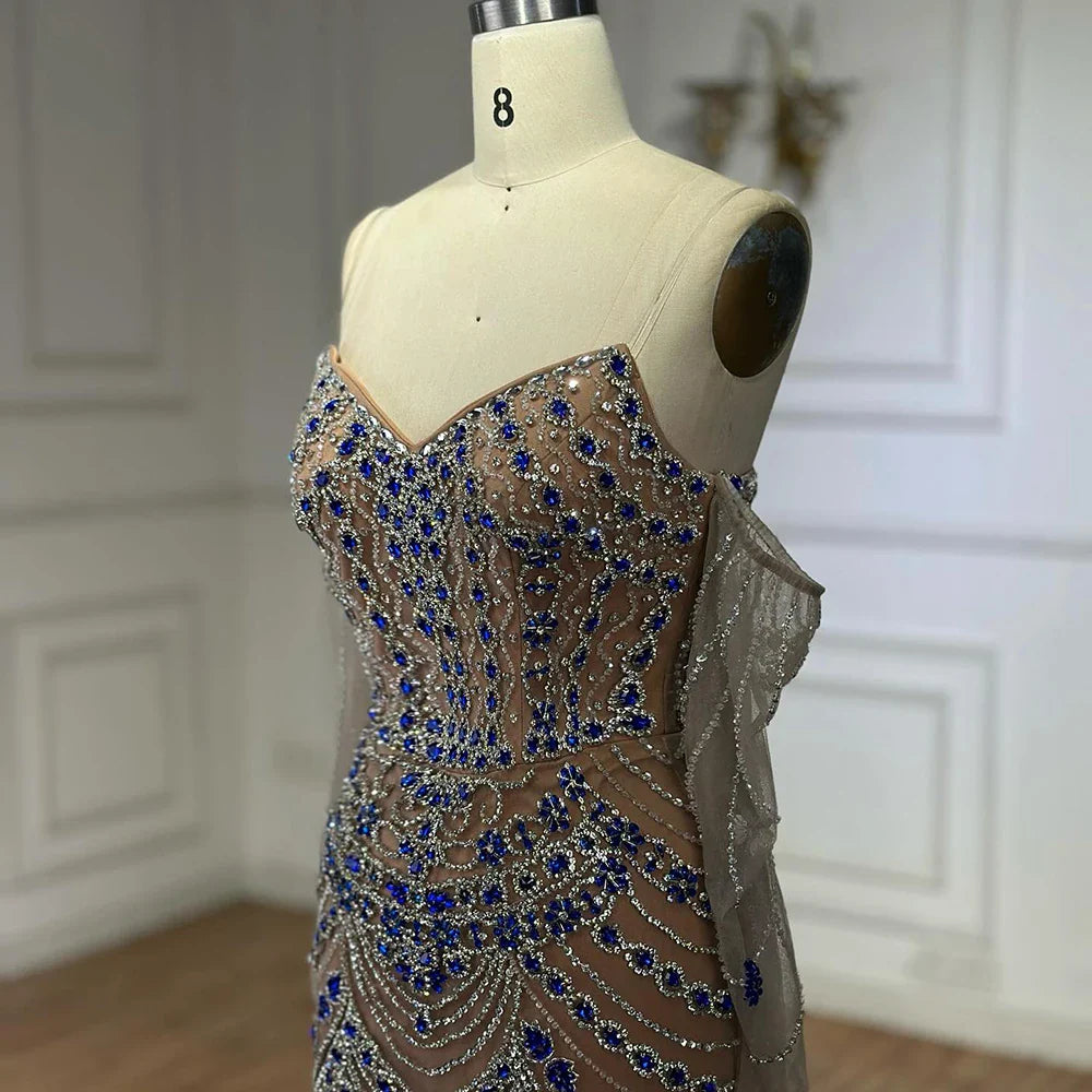 Luxuriöses blaues Abendkleid mit Perlen für formelle Anlässe LA72858