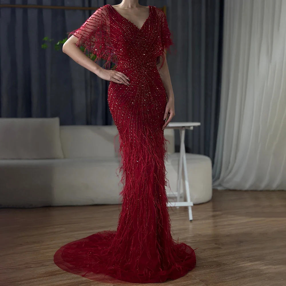 Vestidos de noche de lujo de sirena marrón, con cuentas y plumas, elegantes para mujer, para fiesta, LA71323