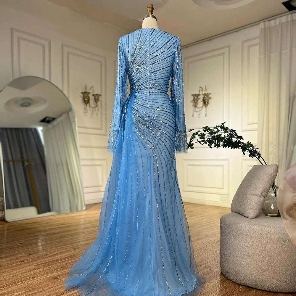 Vestidos de noche saudíes elegantes con cuentas azules, estilo árabe, para ocasiones formales, LA72822, 2025