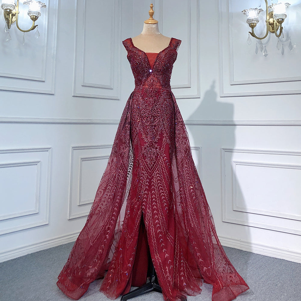 Wine Red Luxury Evening Dresses Gowns 2025 Beaded Mermaid Elegant Overskirt For Women Party LA71611