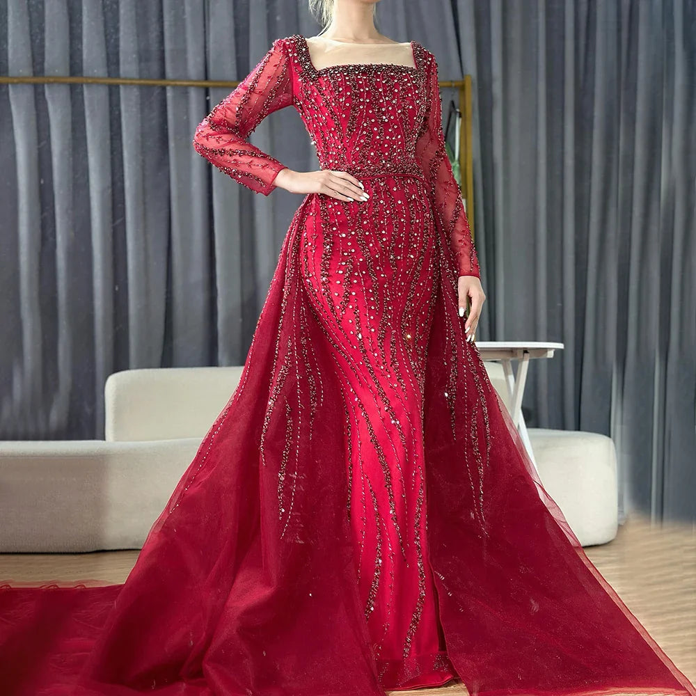 Vestidos de noche árabes de sirena con sobrefalda y cuentas, de lujo, para ocasiones formales, LA72710
