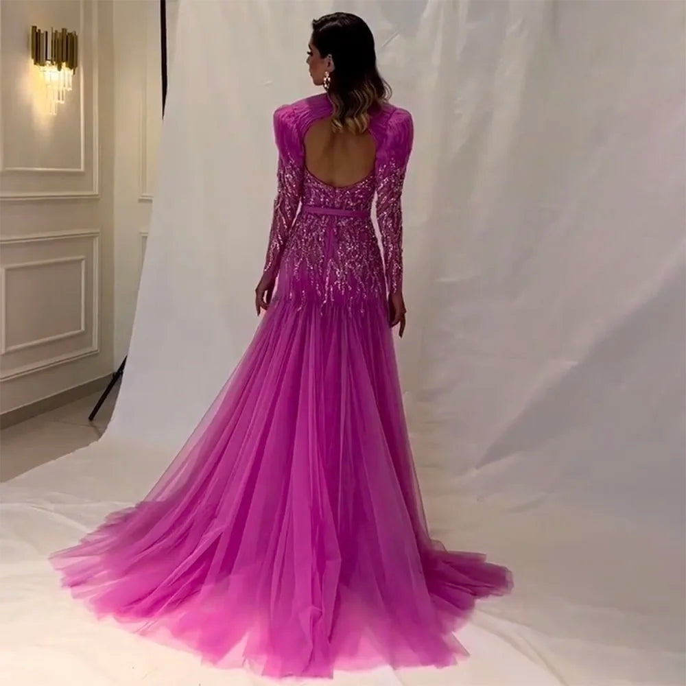 En oferta, sin devolución ni reembolso, vestido de noche árabe sexy fucsia de corte A con mangas largas y cuentas de lujo para mujer, fiesta 2025 LA71810