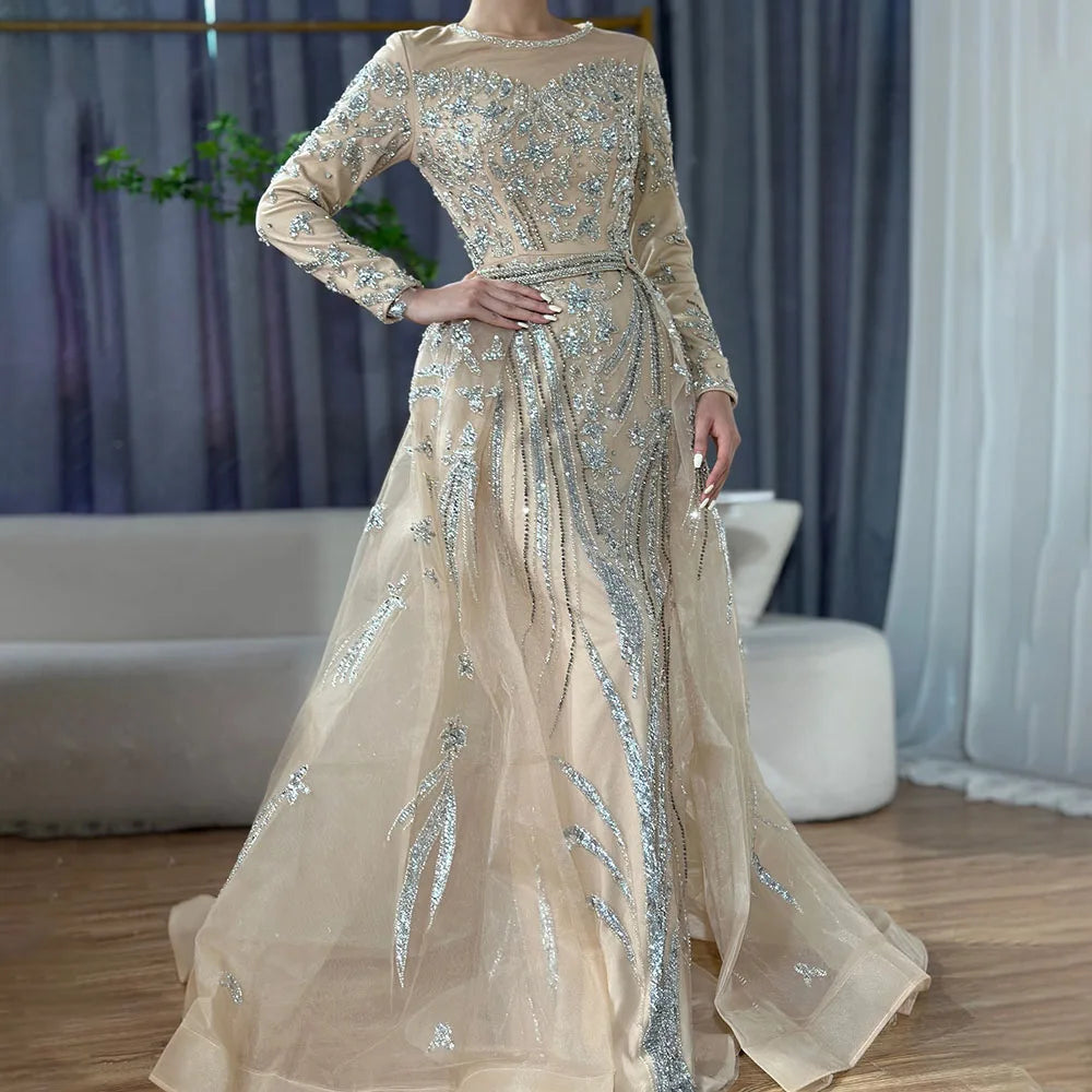 Muslim Mermaid Nude With Overskirt Beaded Dubai Evening Dresses Gowns 2025 For Wedding Party LA71943