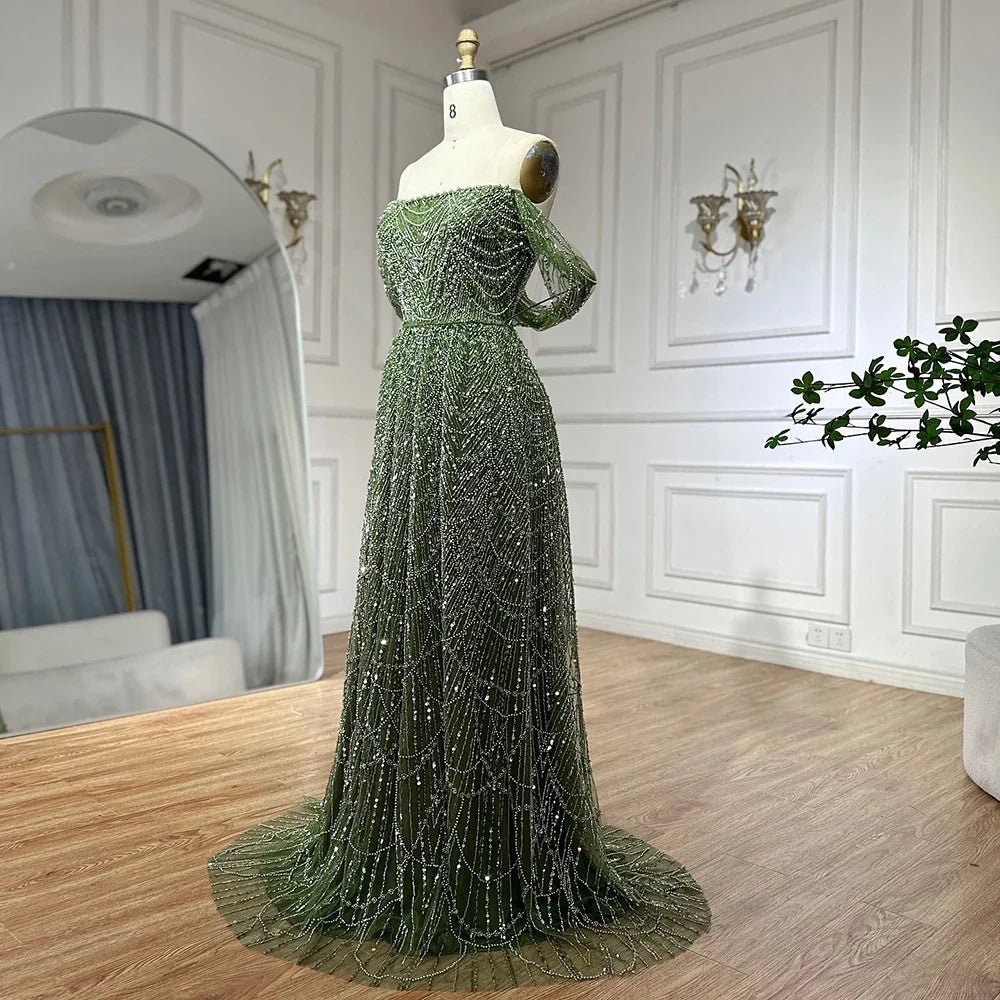 2025 Saudi Nude A Line Off Shoulder Evening Gown with Pearl Beaded Design for Formal Occasion LA72738A