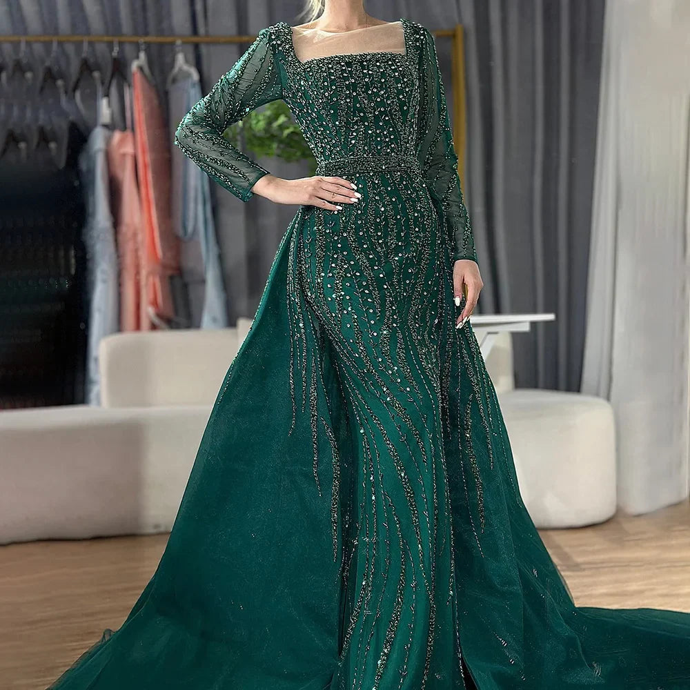 Vestidos de noche árabes de sirena con sobrefalda y cuentas, de lujo, para ocasiones formales, LA72710