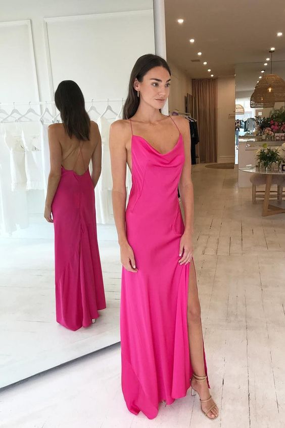 Einfaches Hot Pink Criss Cross Langes Abendkleid Seidensatin Ballkleid mit Schlitz Y63