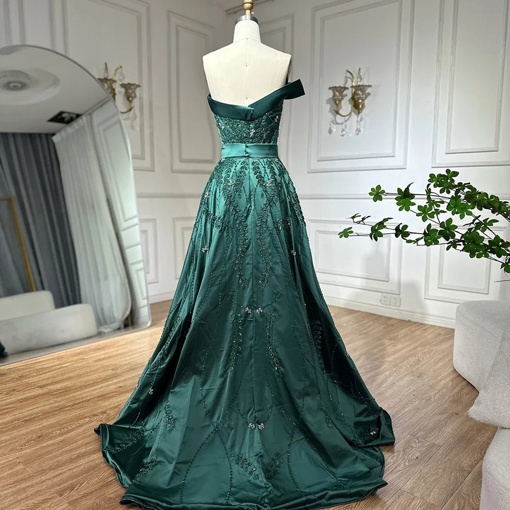 2025 Green Arabic One-Shoulder Satin Evening Gown Beaded Dress with Overskirt and Split for Formal Occasion LA72178