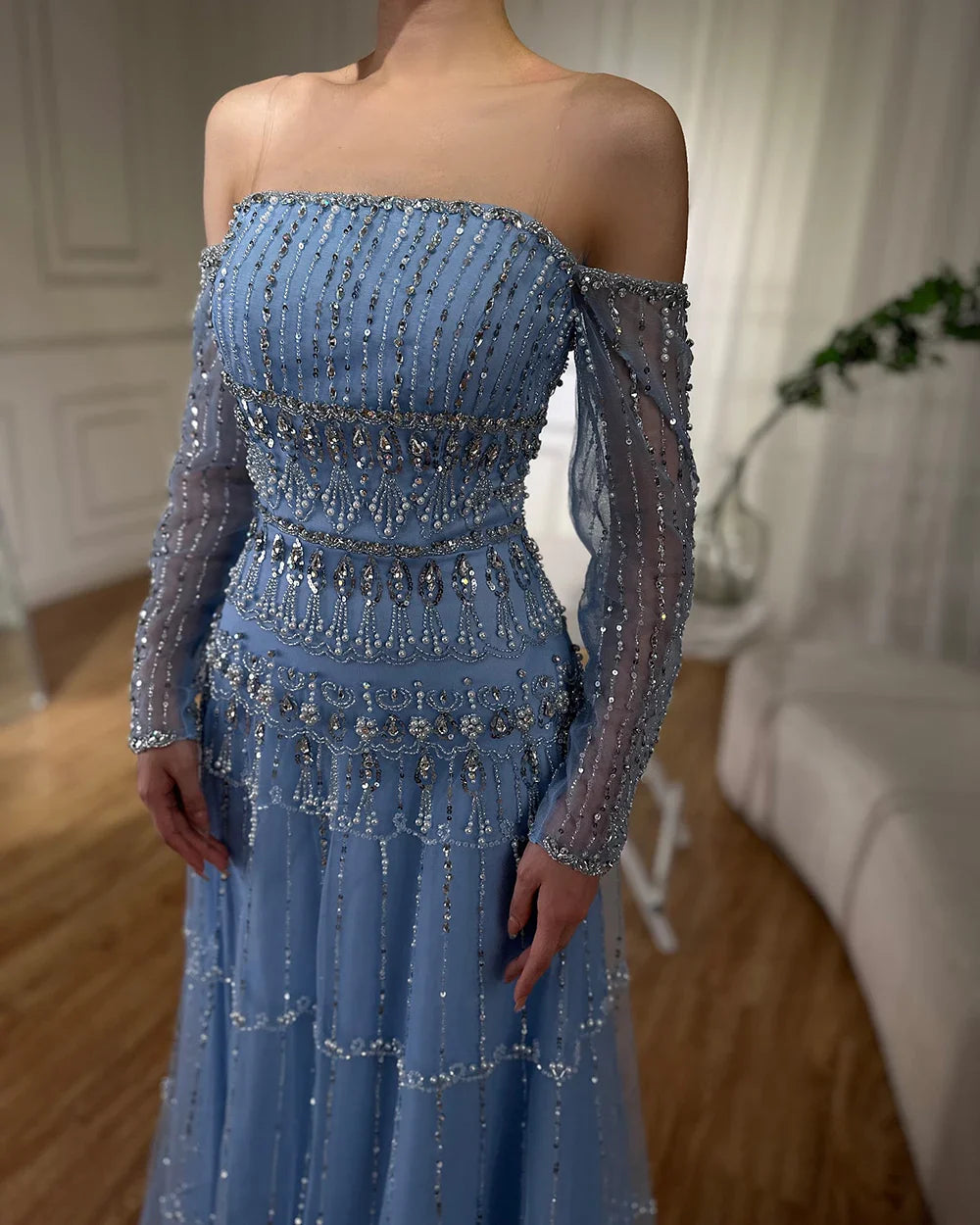 Vestido de noche de lujo estilo sirena, verde salvia, árabe, de Dubái, sin tirantes y con cuentas, para mujer, para boda 2025, LA72350