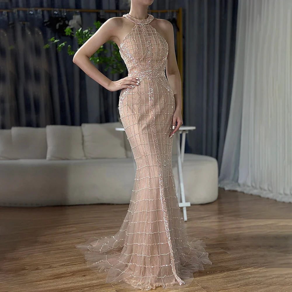 En oferta, sin devolución ni reembolso, venta de lo último en moda, vestidos de noche de sirena sexys con cuello halter y cuentas, vestido de fiesta de noche elegante de lujo, foto real LA6124