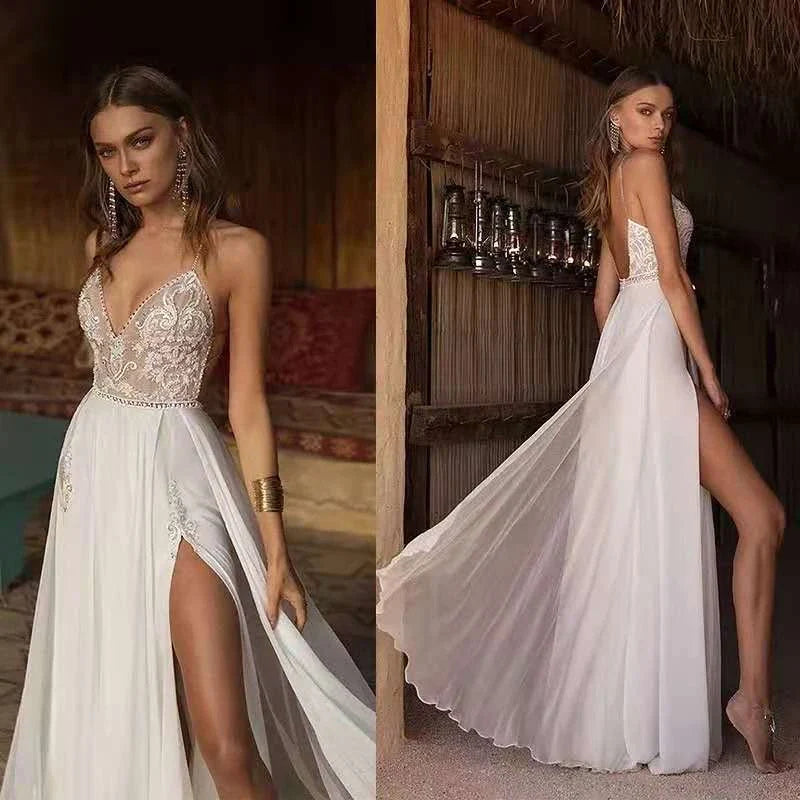 Boho Wedding Dress Sexy Slit Beach Wedding Dress V Neck Bridal Gown Spaghetti Strap Chiffon Backless Vestido De Noiva Brautkleid-payinti