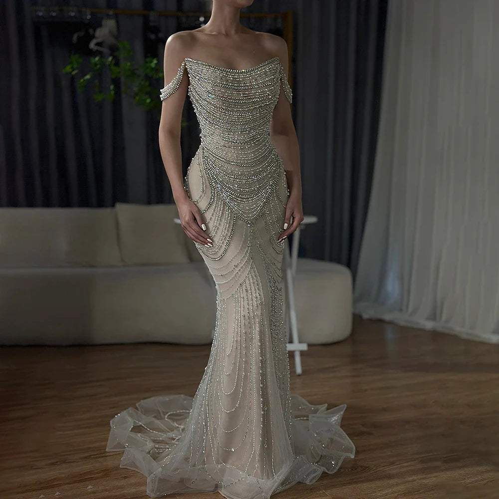 Luxus Kristall Silber Nude Meerjungfrau Dubai Abendkleider LA72253