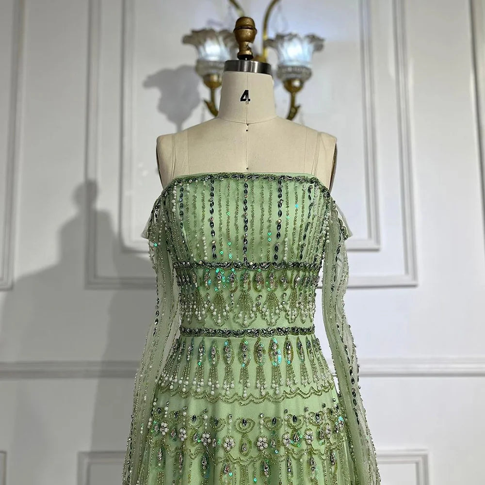Vestido de noche de lujo estilo sirena, verde salvia, árabe, de Dubái, sin tirantes y con cuentas, para mujer, para boda 2025, LA72350