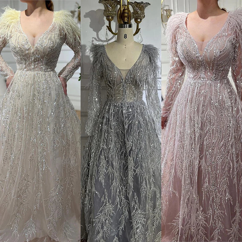 Muslim Beige A Line Beaded Feathers Luxury Dubai Long Evening Dresses Gowns 2025 For Women Wedding Party LA72172