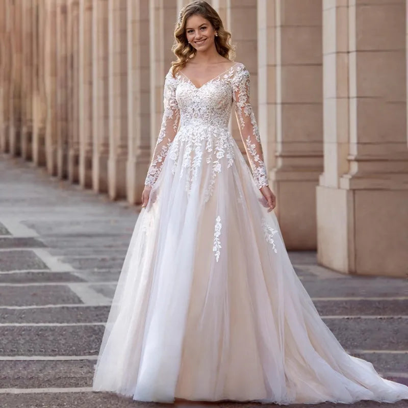 Elegant V-Neck Wedding Dresses Plus Size Lace Long Sleeve Women White Open Back Tulle Bridal Gown Sweep Train Vestidos De Novia-payinti