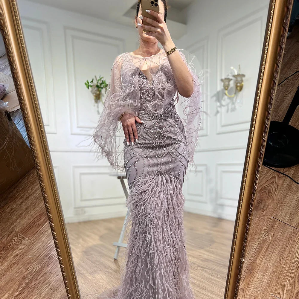 Vestido de noche de sirena color caramelo con cuentas y plumas, de lujo, elegante para mujer, para fiesta de bodas 2025 LA71866