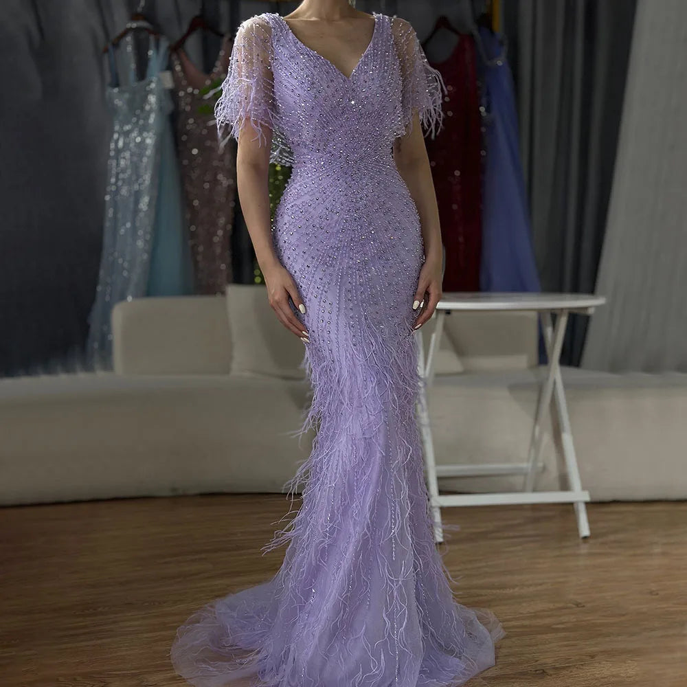 Vestidos de noche de lujo de sirena marrón, con cuentas y plumas, elegantes para mujer, para fiesta, LA71323