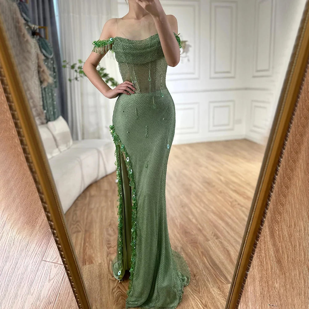 Vestido de noche árabe saudí con borlas de cristal verde, corte alto, para mujer, para fiesta de boda, 2025, LA72490
